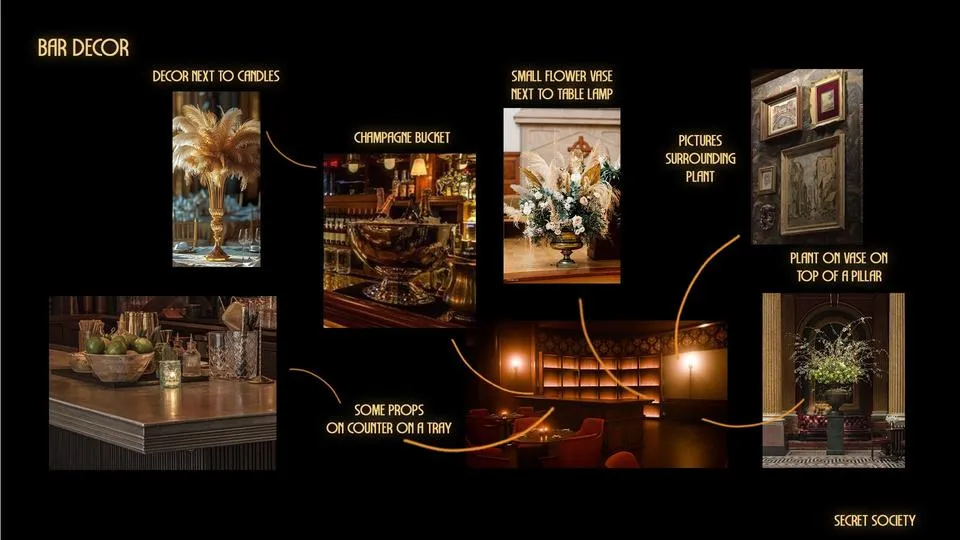 Bar decor with gold accents, feathers, and low-lit lounge seating