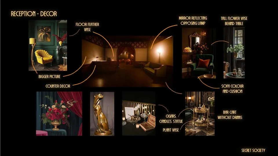 Secret Society reception decor mood board with emerald velvet and gold accents