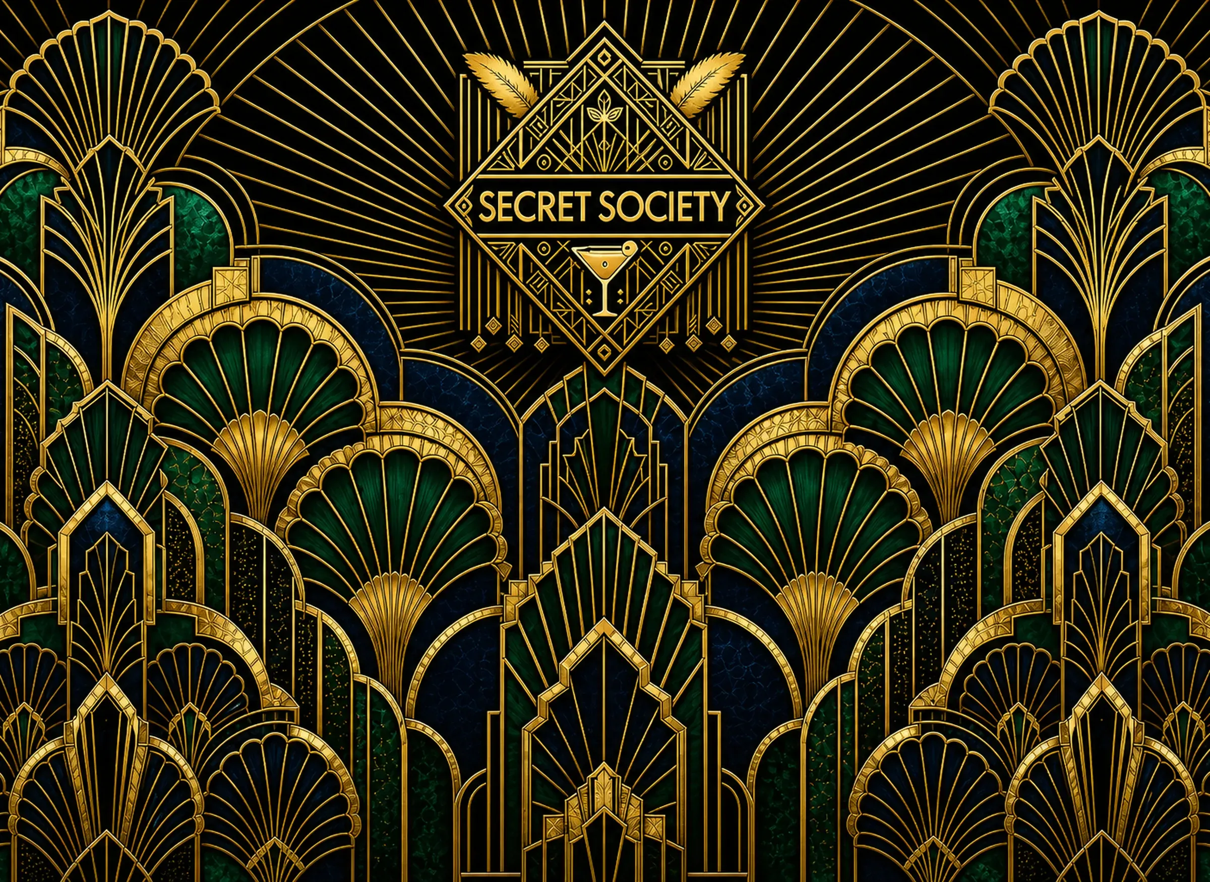 Art Deco Secret Society dining-room mural in metallic gold, emerald, and midnight blue, with a diamond emblem, coupe glass, and sunburst